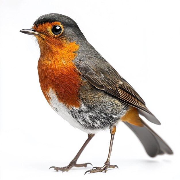 Photo european robin in a standing pose solid white background studio shot with natural light balance