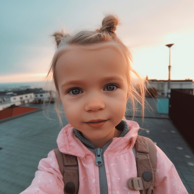 European toddler with rosy skin and braided blonde hair in preppy outfit on misty morning