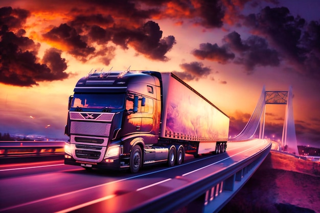 European truck carries cargo on motorway embraced by beautiful dusk