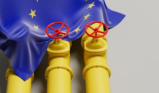 European Union flag covering an oil and gas fuel pipe line Oil industry concept 3D Rendering