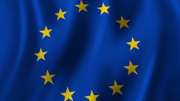 European Union Flag Waving Closeup 3D Rendering With HighQuality Image with Fabric Texture