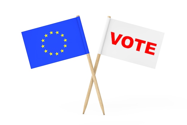 European Union Flag and White Flag with Vote Sign on a white background. 3d Rendering