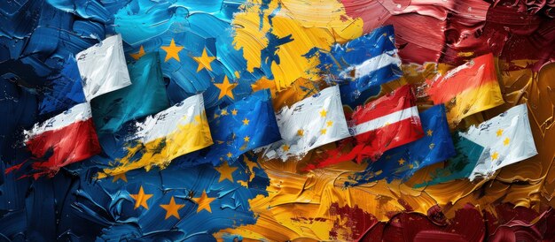 Photo european union flags in abstract oil painting