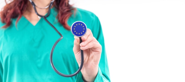 European Union national healthcare system female doctor with stethoscope