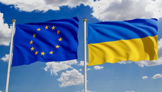 European Union and Ukrainian flags over blue sky Concept of diplomacy agreement international relations trading business between EU and Ukraine 3D rendering