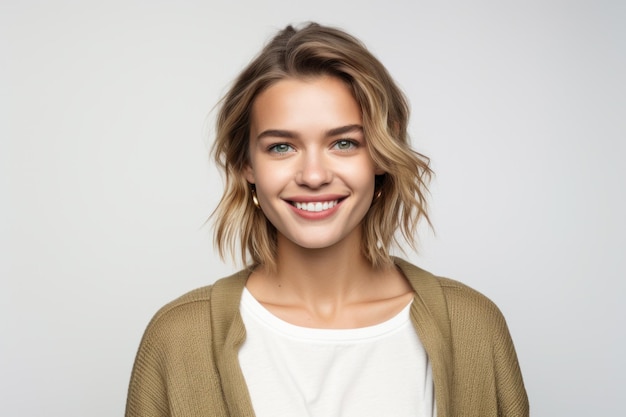 European woman in cardigan smiling