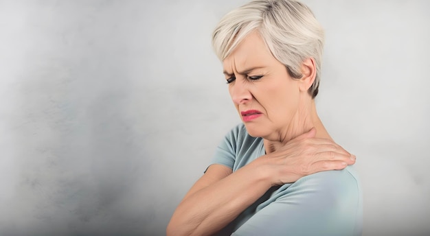 Photo a european woman clutching her shoulder as if experiencing discomfort or shoulder pain