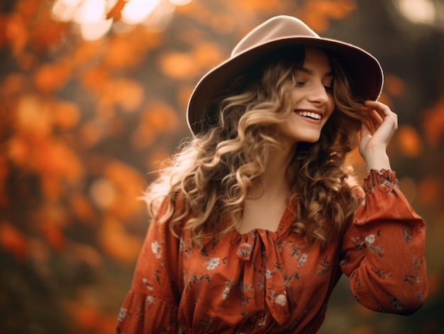 European woman in emotional dynamic pose on autumn background