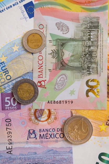 Euros and mexican pesos background Europe Mexico foreign exchange