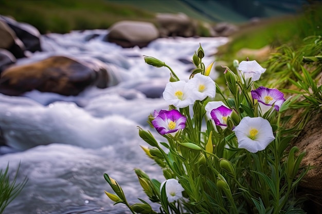 Eustoma bloom along tranquil mountain stream