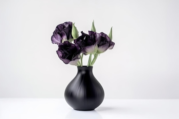 Eustoma bloom in black vase on white background