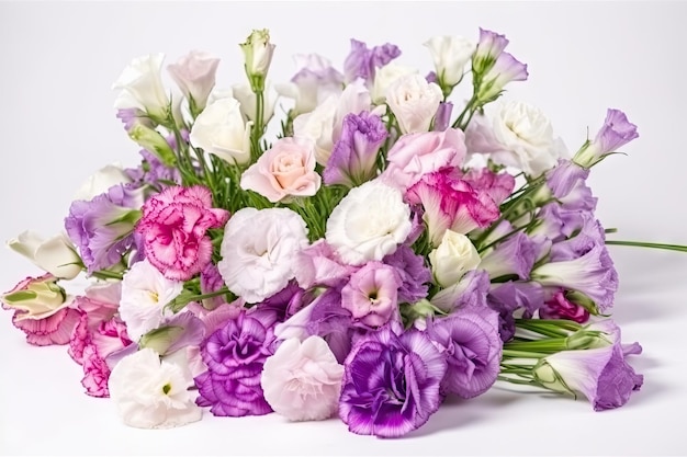 Eustoma bloom bouquet arranged with other flowers on white background