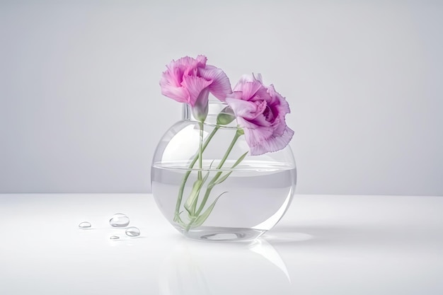 Eustoma bloom floating in glass vase on white table