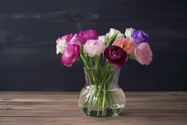 Eustoma bloom in glass vase on wooden table