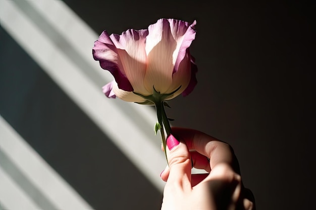 Eustoma bloom in the hand with sunlight and shadows