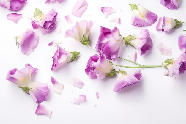 Eustoma bloom on white background with floating petals