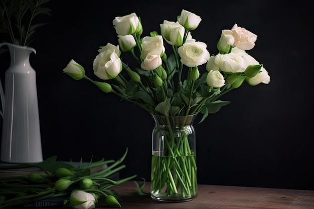 Eustoma blooms in a vase surrounded by water and greenery