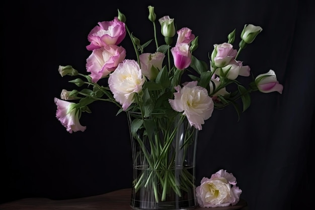 Eustoma blooms in a vase surrounded by water and greenery