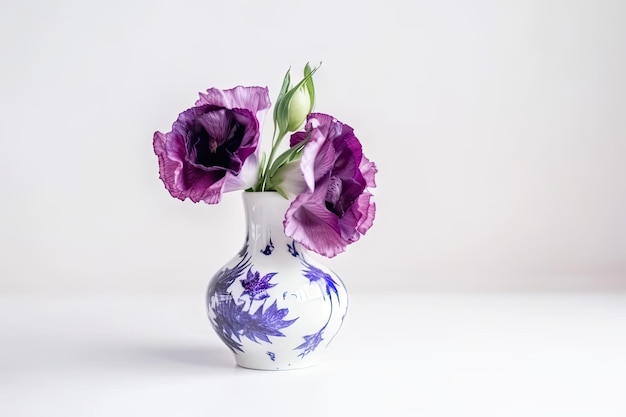 Eustoma blossom in handpainted vase on white background