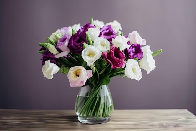 Eustoma bouquet with white and purple flowers in vase