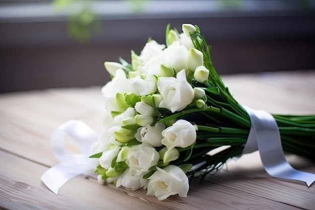 Eustoma bouquet with white ribbon and bow for wedding