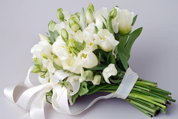 Eustoma bouquet with white ribbon and bow