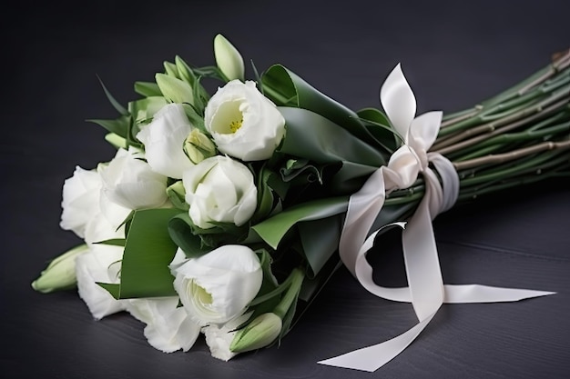 Eustoma bouquet with white ribbon and bow