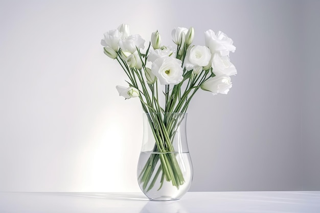 Eustoma in clear vase against white wall