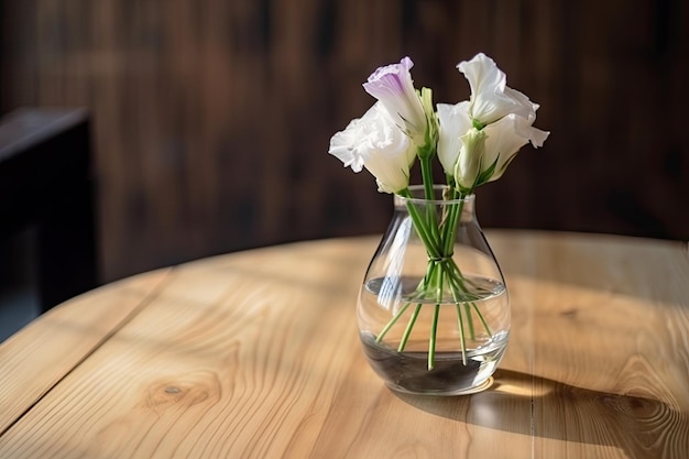 Eustoma in clear vase on wooden table