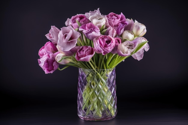 Eustoma in elegant crystal vase with water