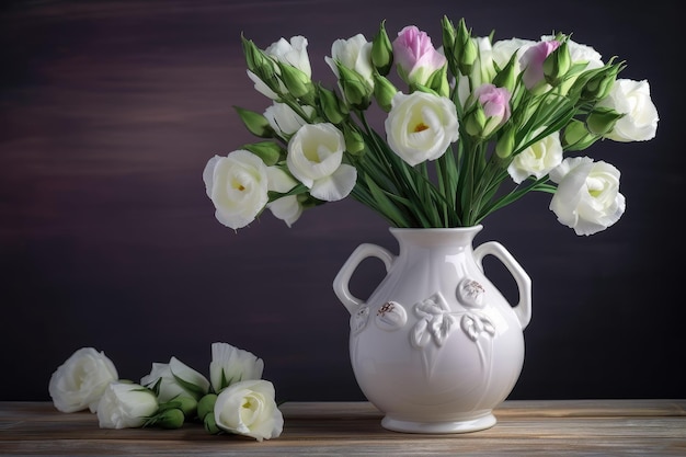 Eustoma in a white vase on a wooden table