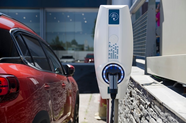 EV Car or Electric vehicle at charging station cable