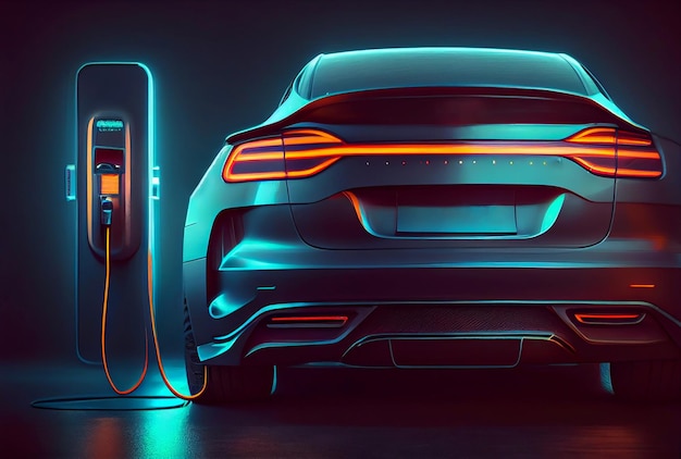 EV car with Electric charging station charger and blue glowing light stripe Technology and transportation concept Generative AI