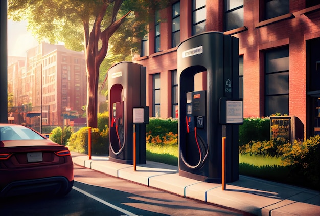 EV charging station in the city background Business power and Industrial concept Generative AI