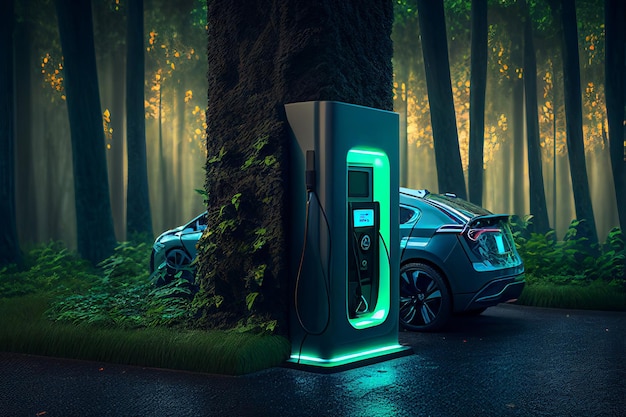 EV charging station for electric car in concept green energy Created with Generative AI technology