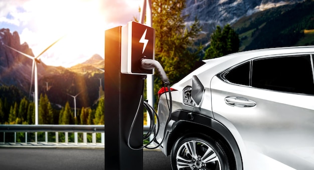 EV charging station for electric car in concept of green sustainable energy