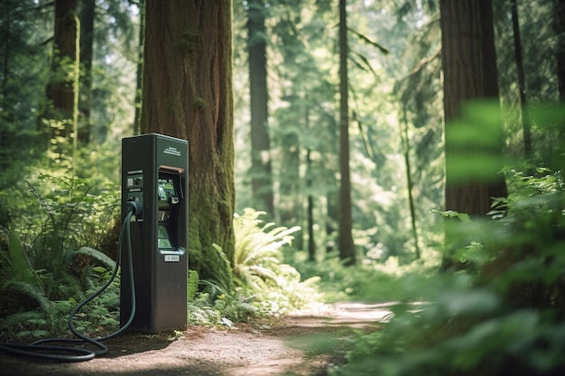 Ev charging station for electric car standing far from city in forest generative ai