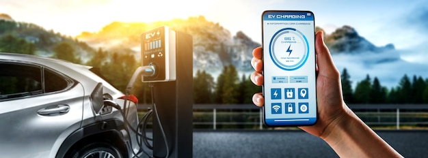 EV charging station for electric car with mobile app display charger status