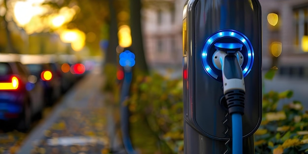 EV charging station in a public area symmetrical photo centered professional photo copy space blurred background solid background Concept EV Charging Station Symmetrical Photo