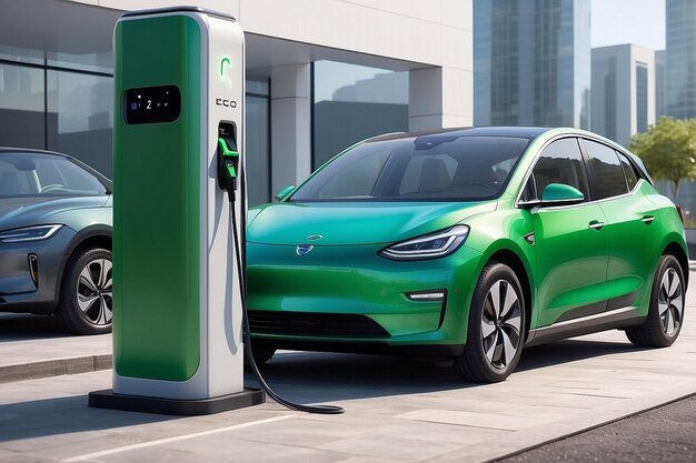 EV Electric car connect to charging station Eco power EV charger green vehicle