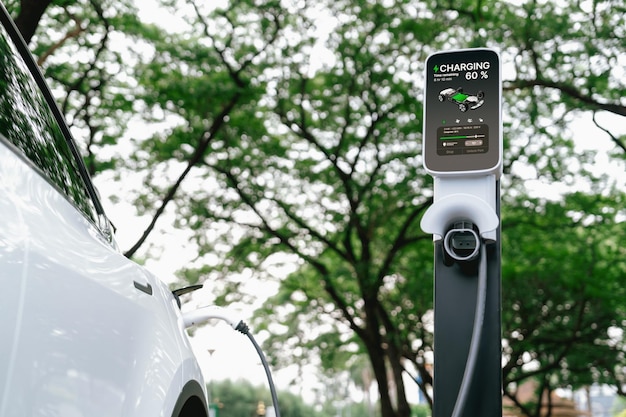 Photo ev electric vehicle recharging battery in national park exalt