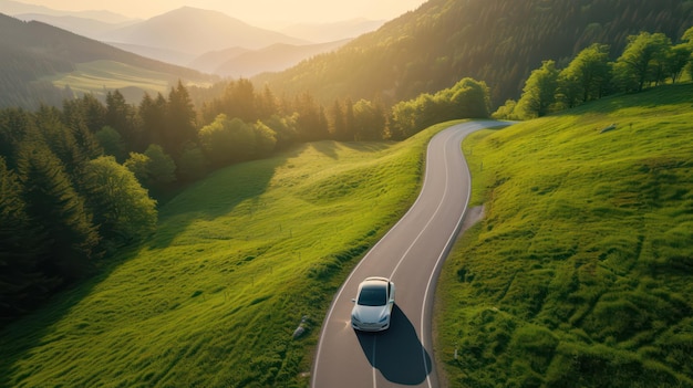 An EV is driving on a winding road that cuts through forests and lush mountains