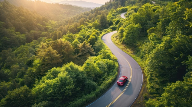 Photo an ev is driving on a winding road that cuts through forests and lush mountains