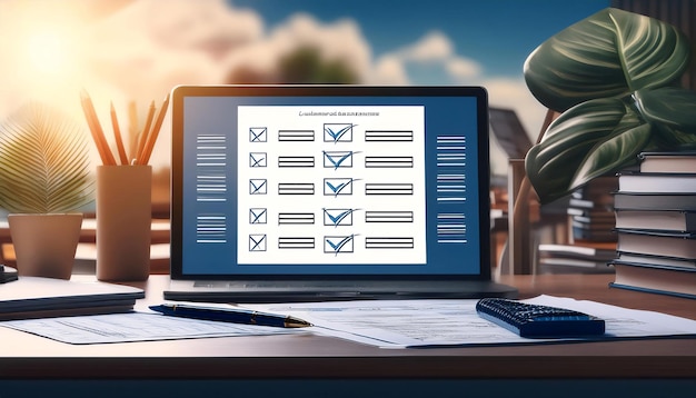 Photo evaluation and assessment featuring elements like checklists evaluation forms and scorecards symbolizing review grading and assessment