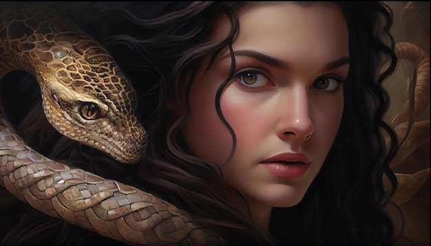 Eve and a snake in the biblical Garden of Eden representing the theme of temptation and sin in Christianity