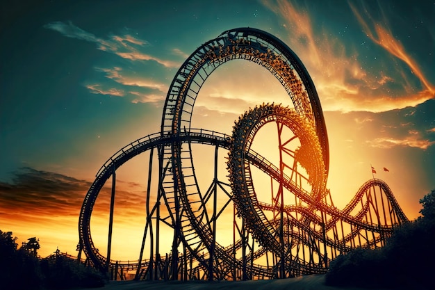 Evening amusement park picture with empty roller coaster created with generative ai