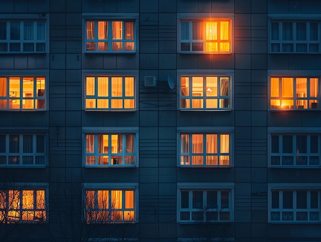 Photo evening apartment building with illuminated windows