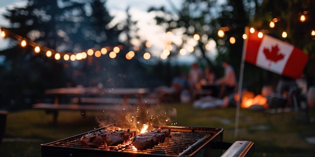 Evening barbeque with sparkling fire Canada flag and festive l