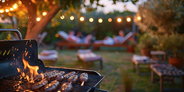 Evening BBQ party in backyard friends in background