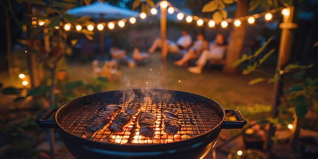 Evening BBQ party with friends in backyard warm lights